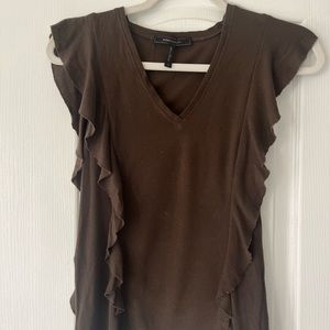 BCBG- Casual brown V neck with ruffle shoulders